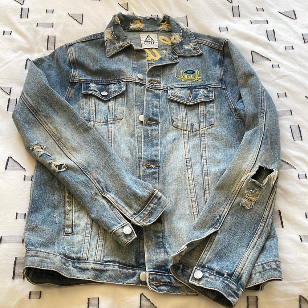 UNIF Embroidered Denim Jacket with Destruction